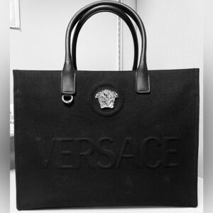 VERSACE Black Large Tote Bag w/Silver Medusa and Branded Dust Bag, EUC